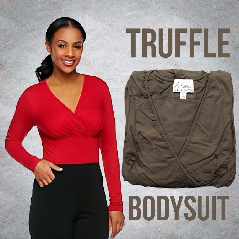 Linea by Louis Dell'Olio V-neck Shirring Detail Bodysuit, NWT 2X Truffle A231145